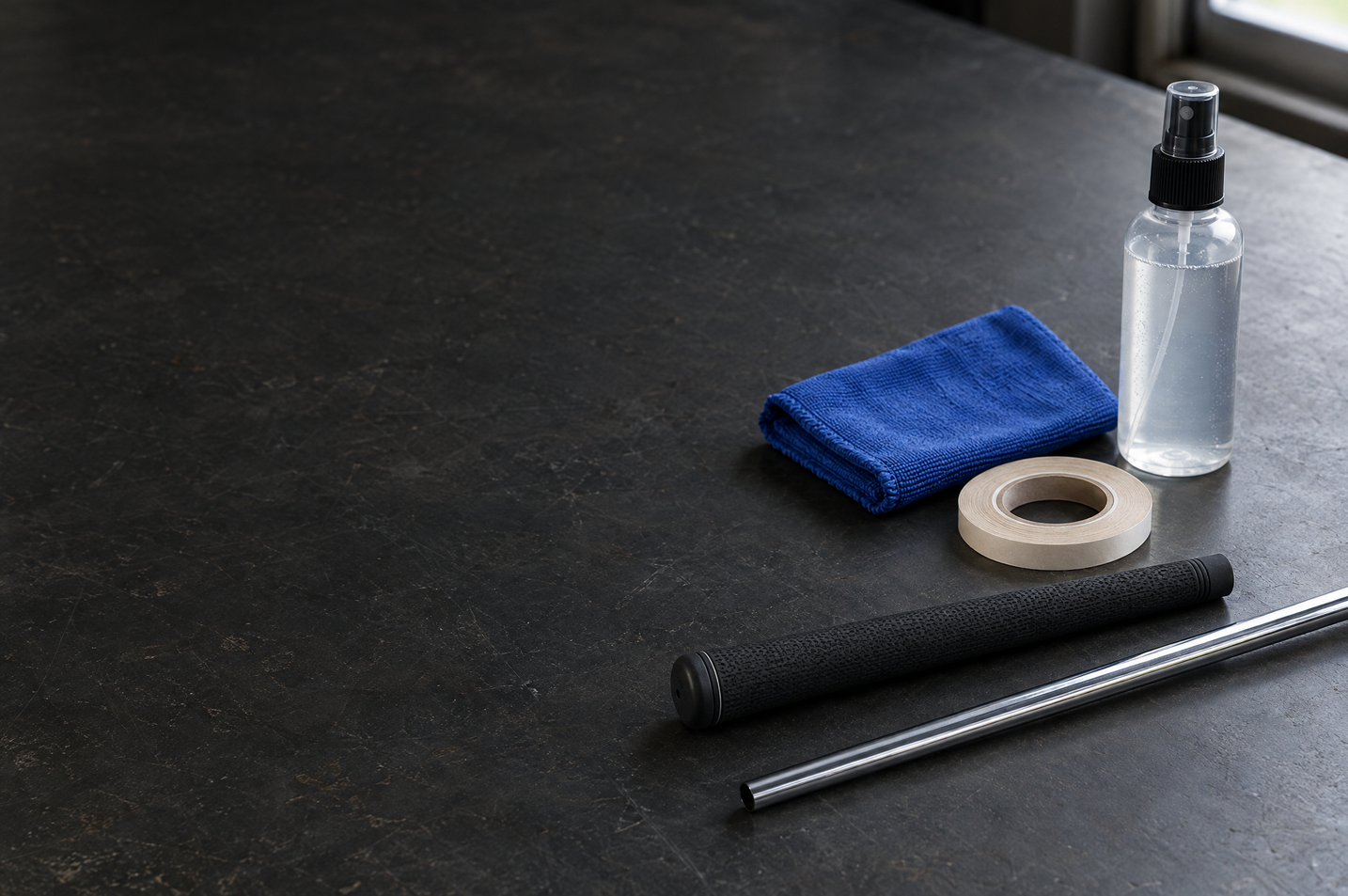 Unbranded spray bottle, grip tape, black golf grip and steel shaft on a dark workbench.