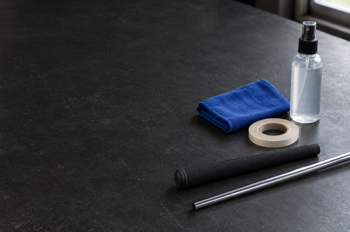 Unbranded spray bottle, grip tape, black golf grip and steel shaft on a dark workbench.