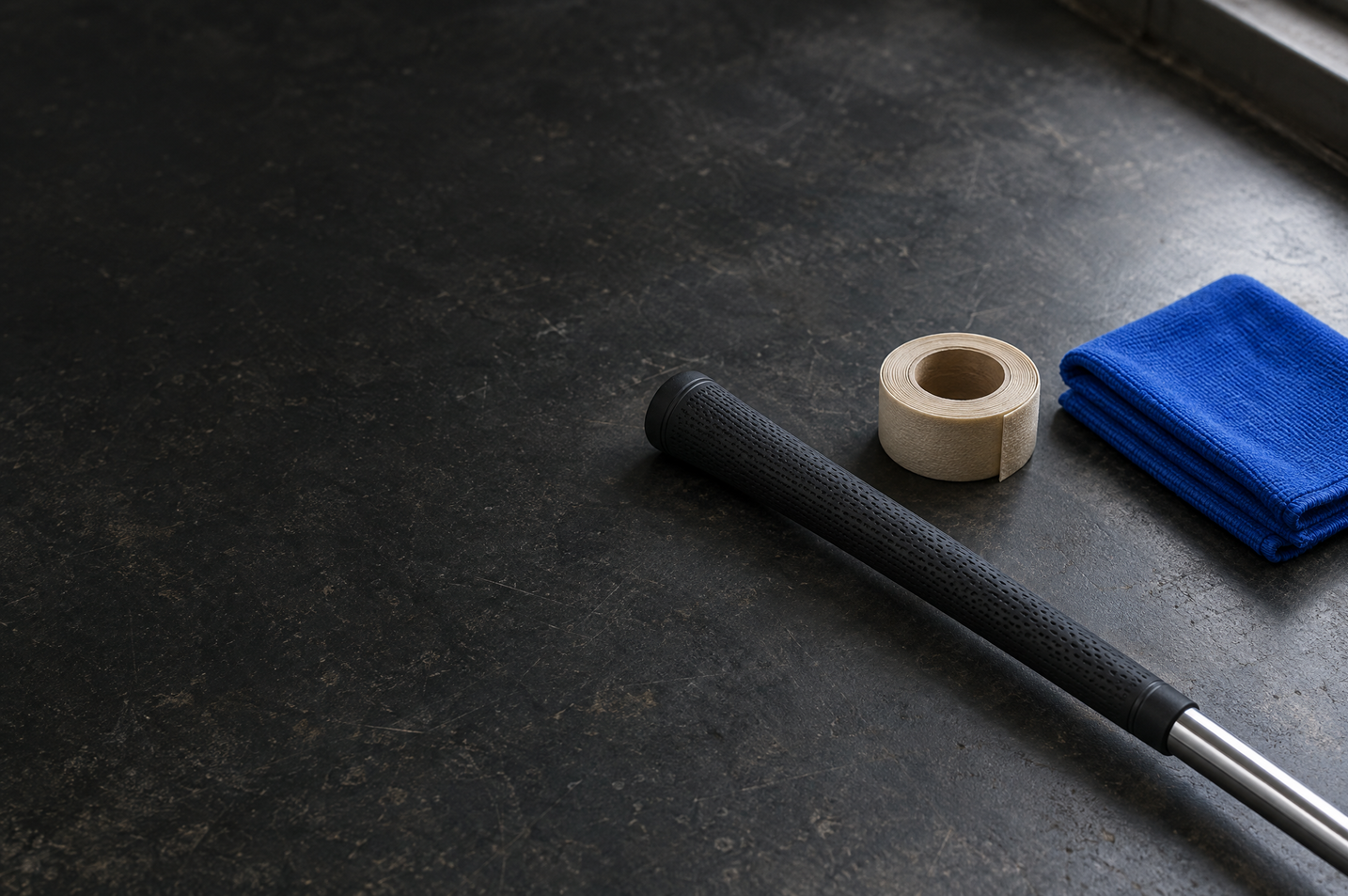 Unbranded black golf grip on a steel shaft beside tape and a blue cloth on a dark workbench.