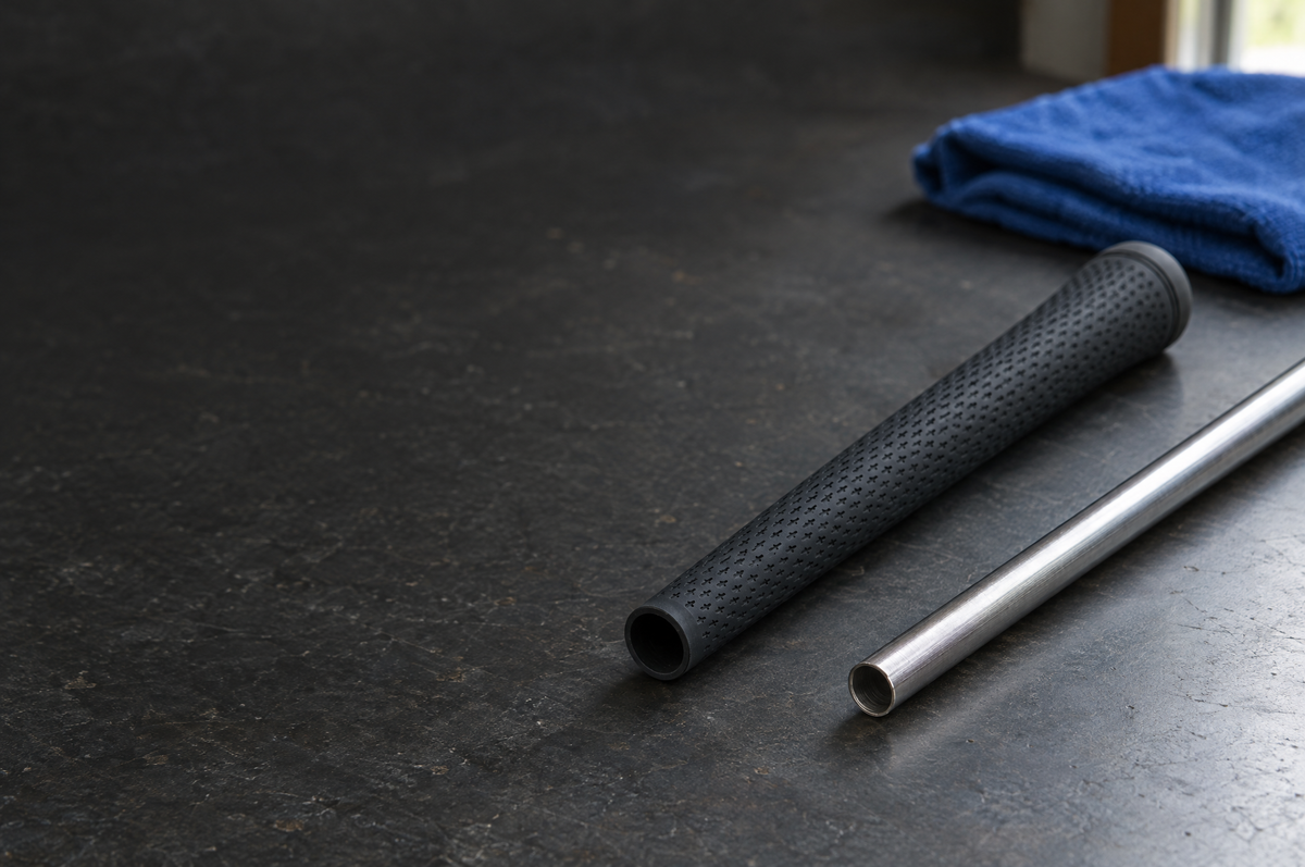 An intact black rubber golf grip beside a bare steel shaft and blue cloth on a dark workbench.