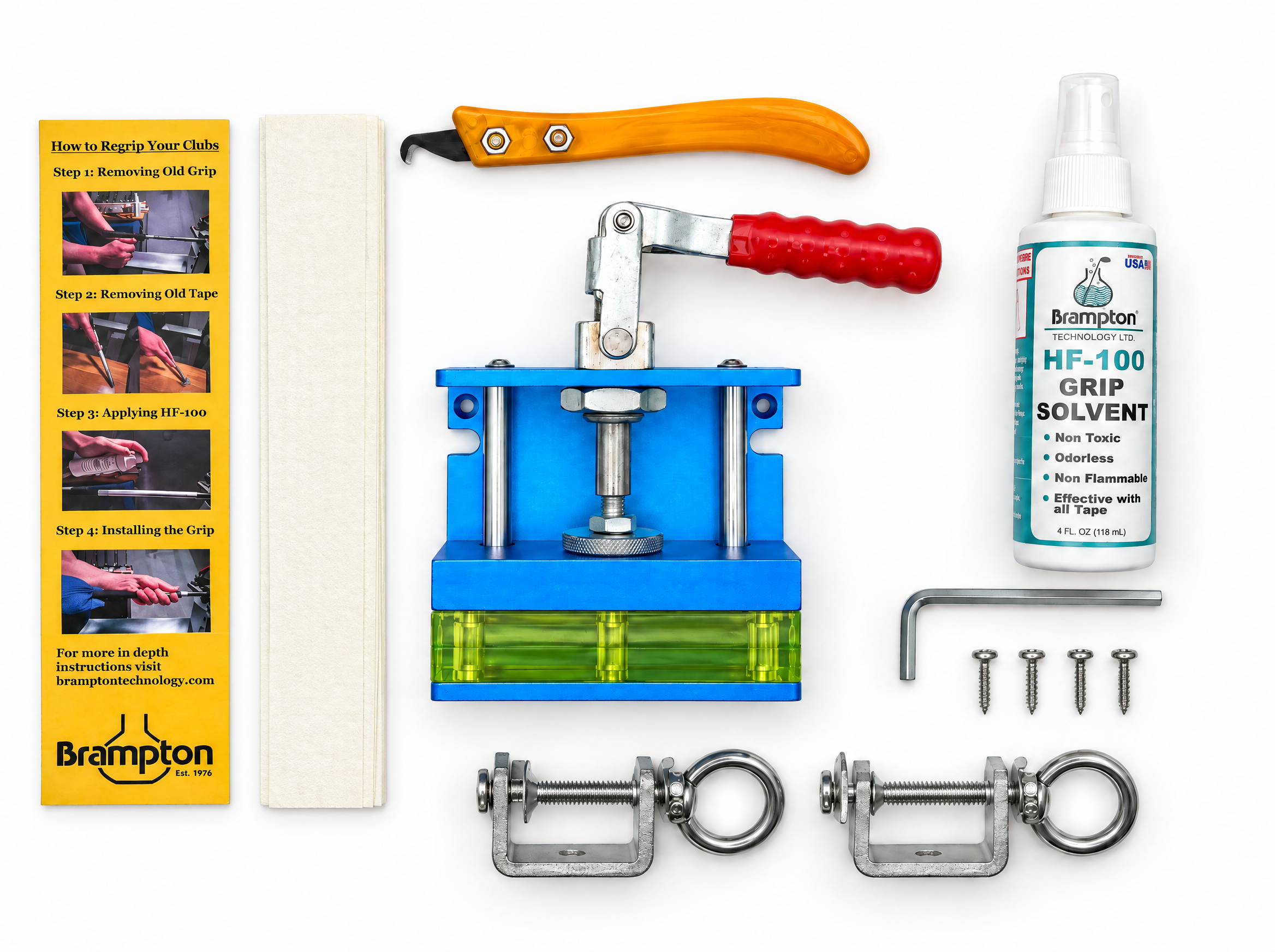 Regrip DIY Golf Gripping Kit contents including clamp, tape, HF-100 solution, knife, mounting clamps, Allen key, screws and instructions