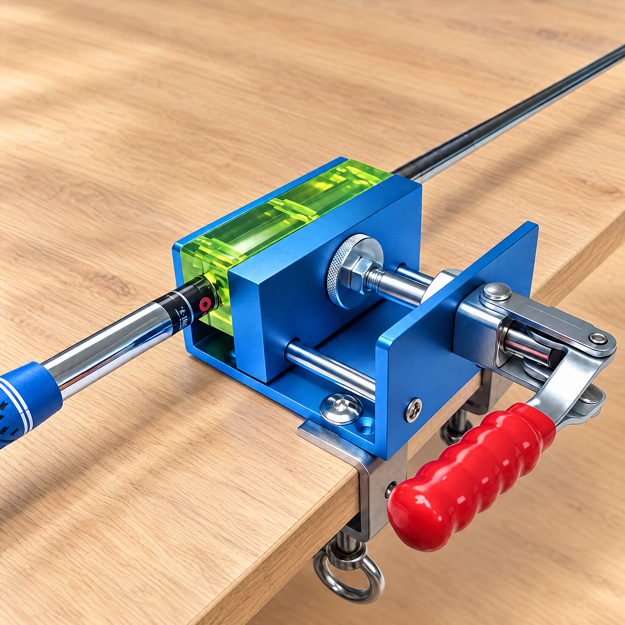 Regripping clamp mounted to a workbench holding a golf club shaft; club shown for demonstration